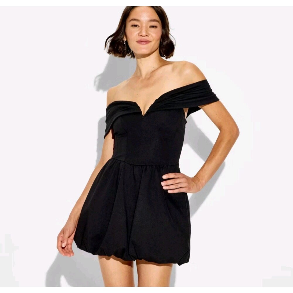 Women's Wild Fable Plunge Bubble Hem Mini A-line Dress Black Medium